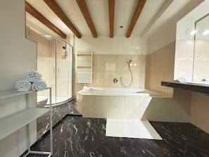 Hair dryer, towels, soap, toilet paper