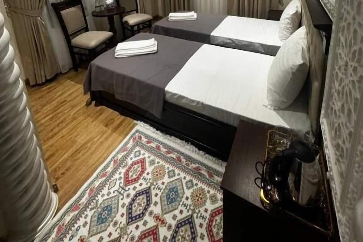 A hotel room with two beds, a TV, a desk, and a patterned rug.