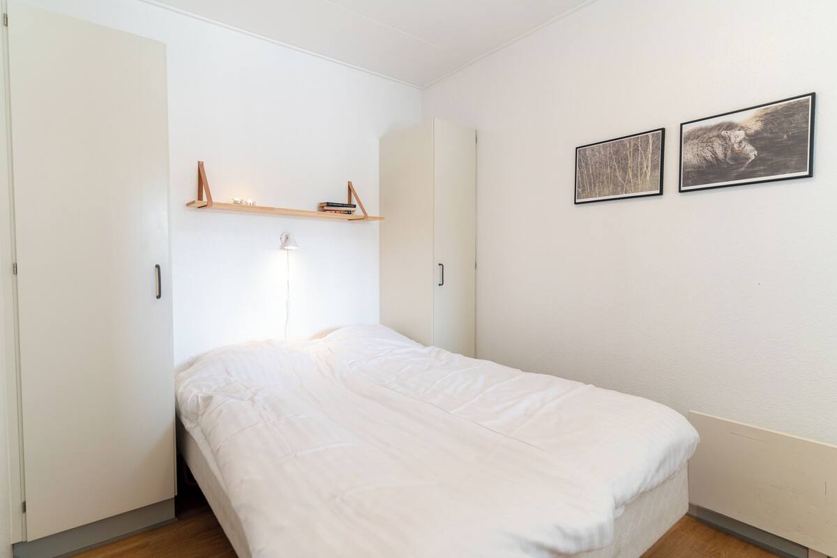 Une chambre à coucher comprenant un lit, une armoire, une étagère avec des livres et deux tableaux encadrés accrochés au mur.