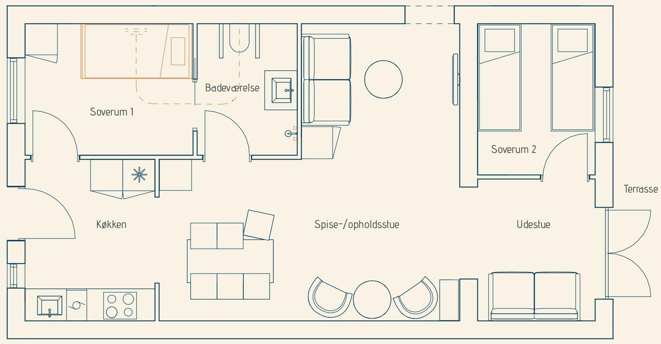 Plano de planta con dos dormitorios, cocina, baño, comedor y sala de estar.