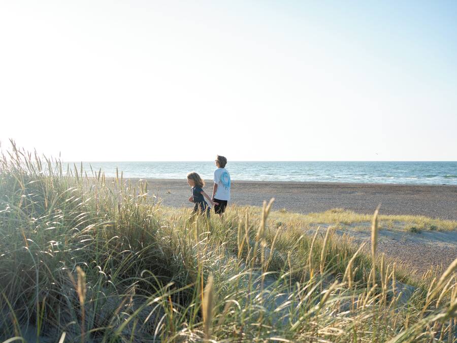 A beach with tall grass in the foreground and a person walking towards the water.