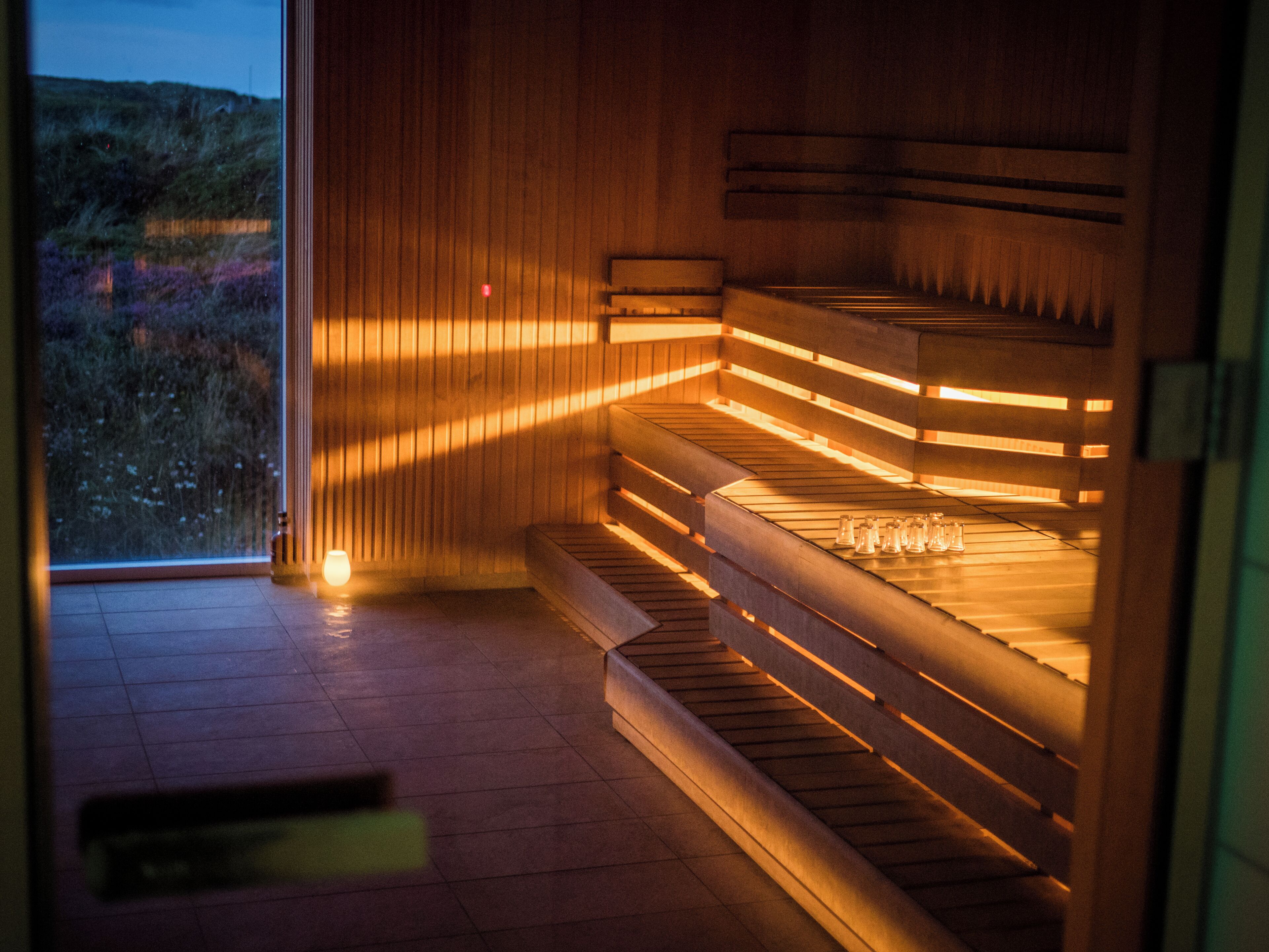 A sauna with wooden benches and a glass door, offering a view of the outdoors.