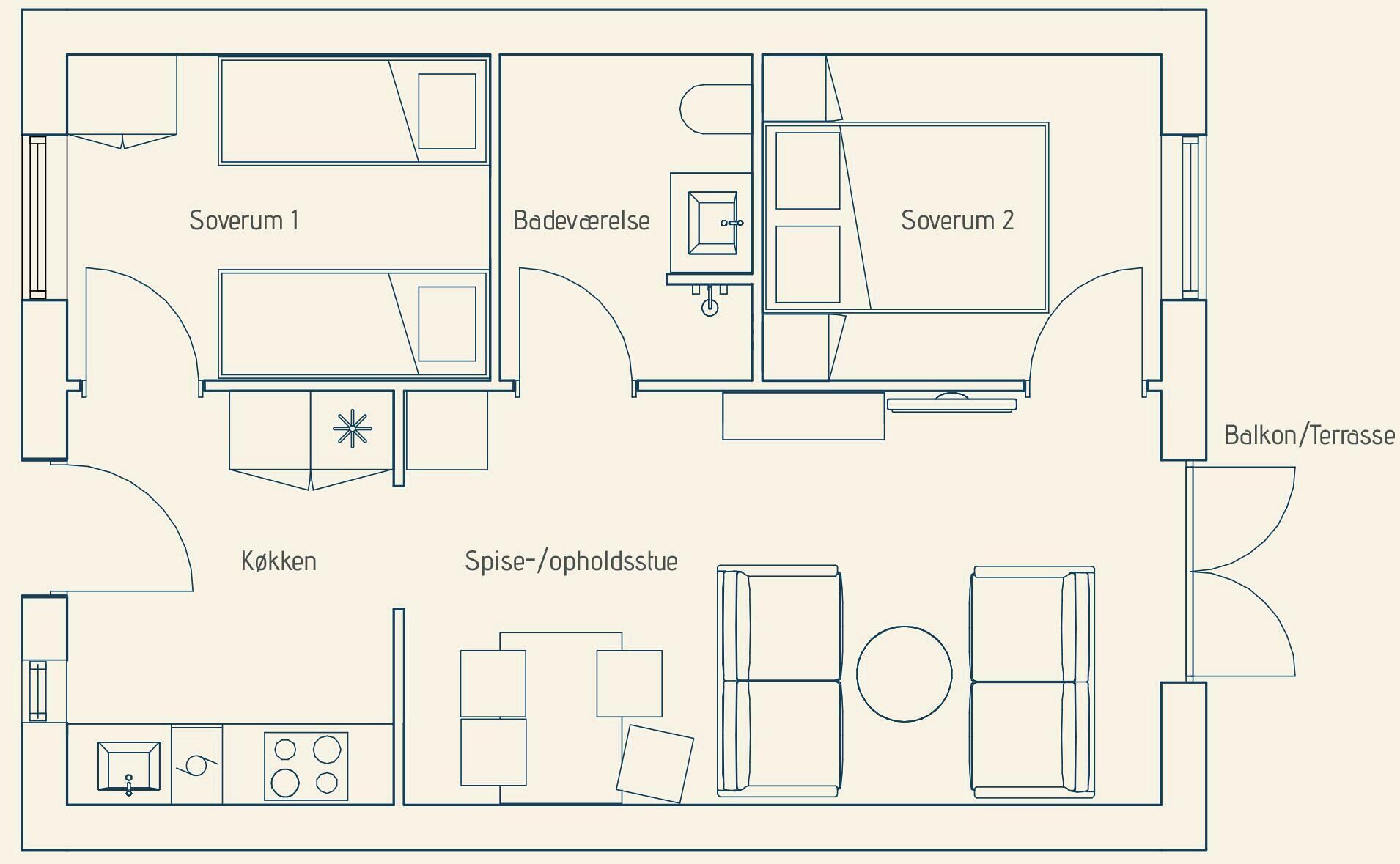 Plano de planta que muestra dos dormitorios (Soverum 1 y 2), un baño (Badeværelse), una cocina (Køkken), un comedor (Spise/opholdstue) y un balcón/terraza.