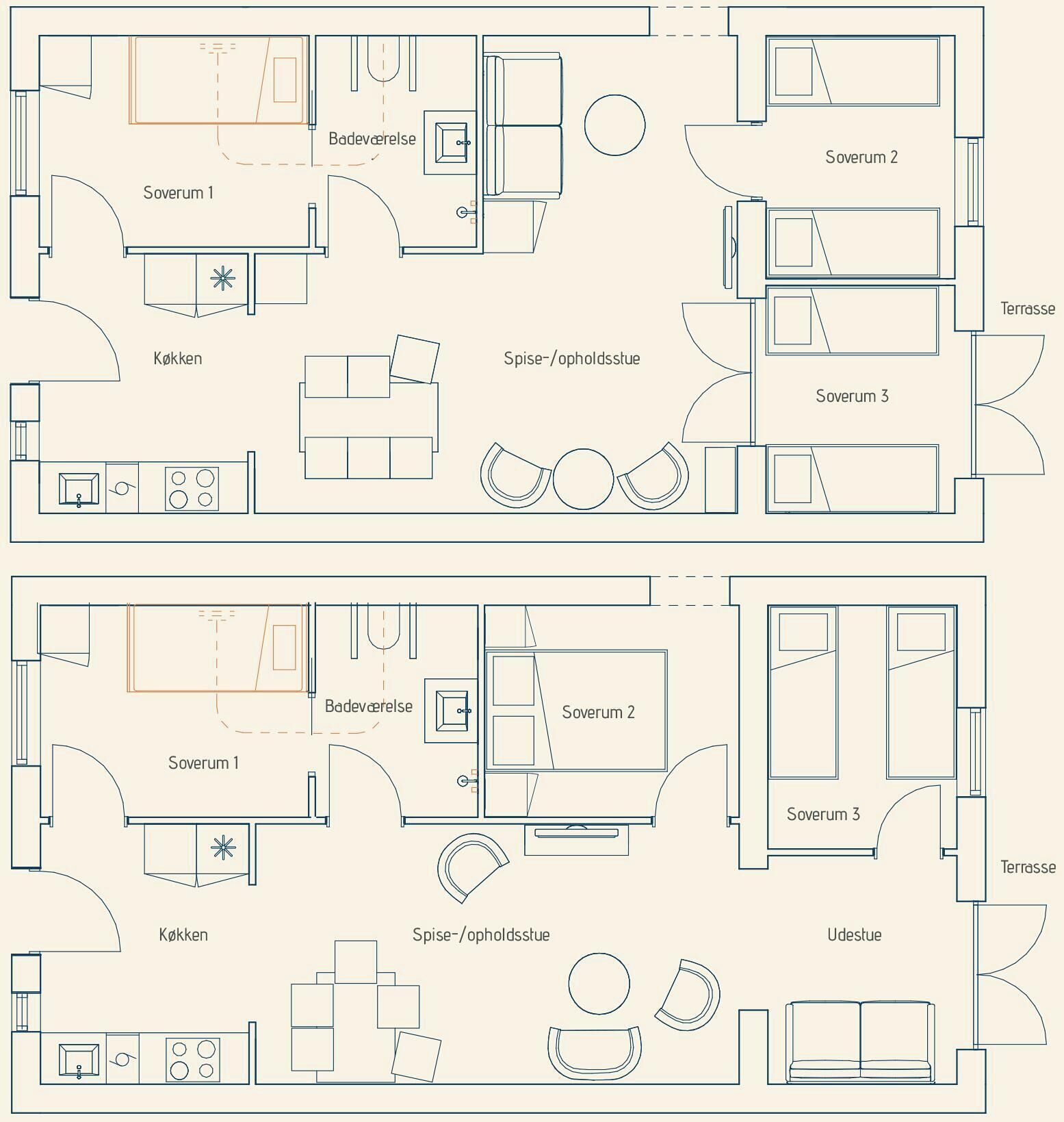 A hotel layout with three bedrooms, a kitchen, a dining area, and a terrace.