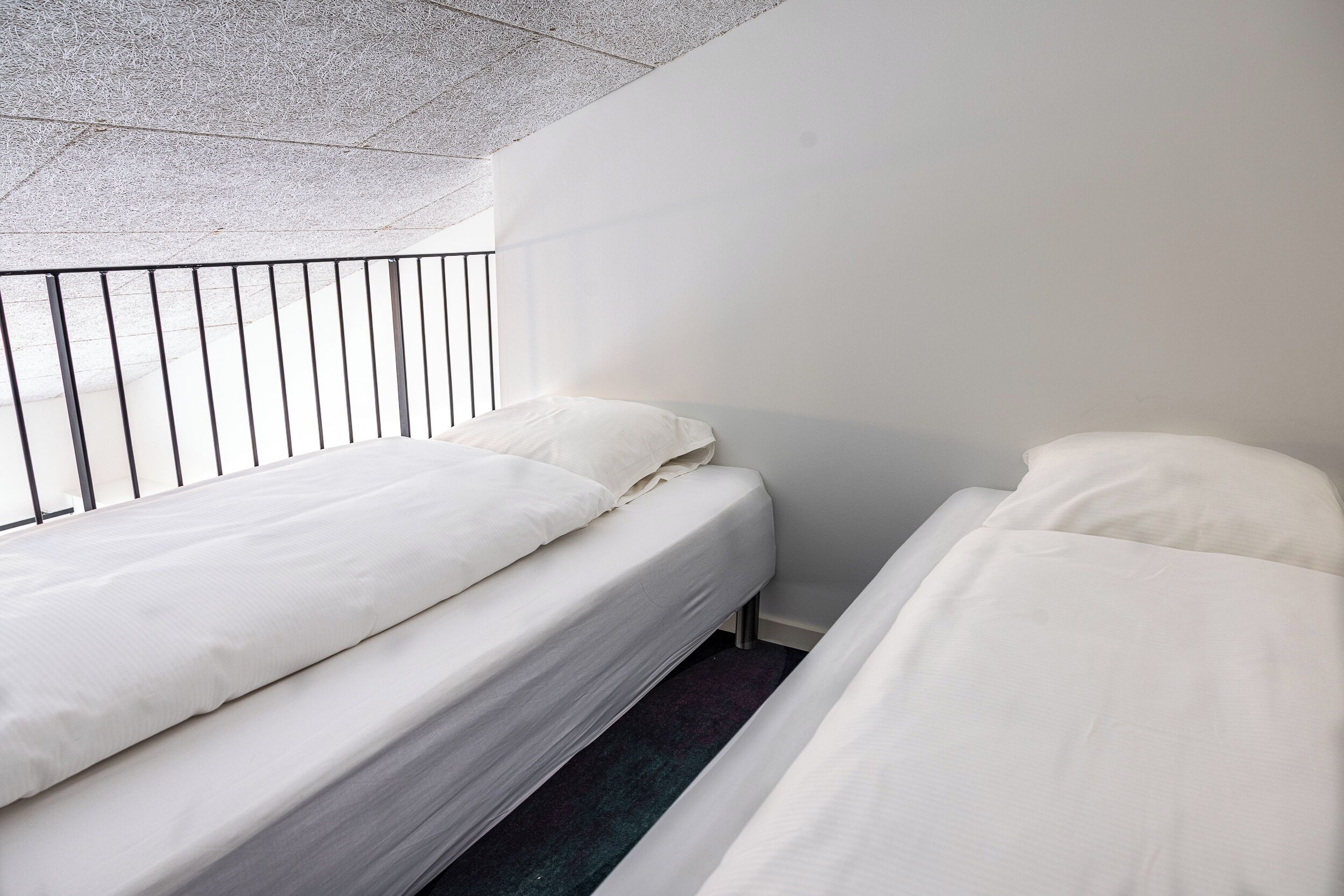 Une chambre avec deux lits simples, une fenêtre donnant sur un paysage agréable et un plafond à motifs.