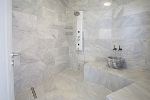 Hair dryer, towels, soap, toilet paper