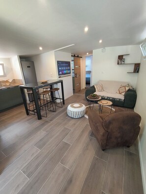 A modern living room with a sofa, a brown armchair, a coffee table, and a dining area with a bar stool and a TV. - The Bird of Paradise (Entre-Deux)
