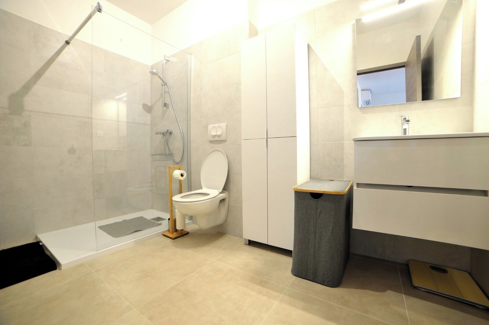 Douche, séchoir à cheveux, serviettes fournies, savon