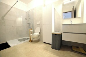 Douche, sèche-cheveux, serviettes fournies, savon