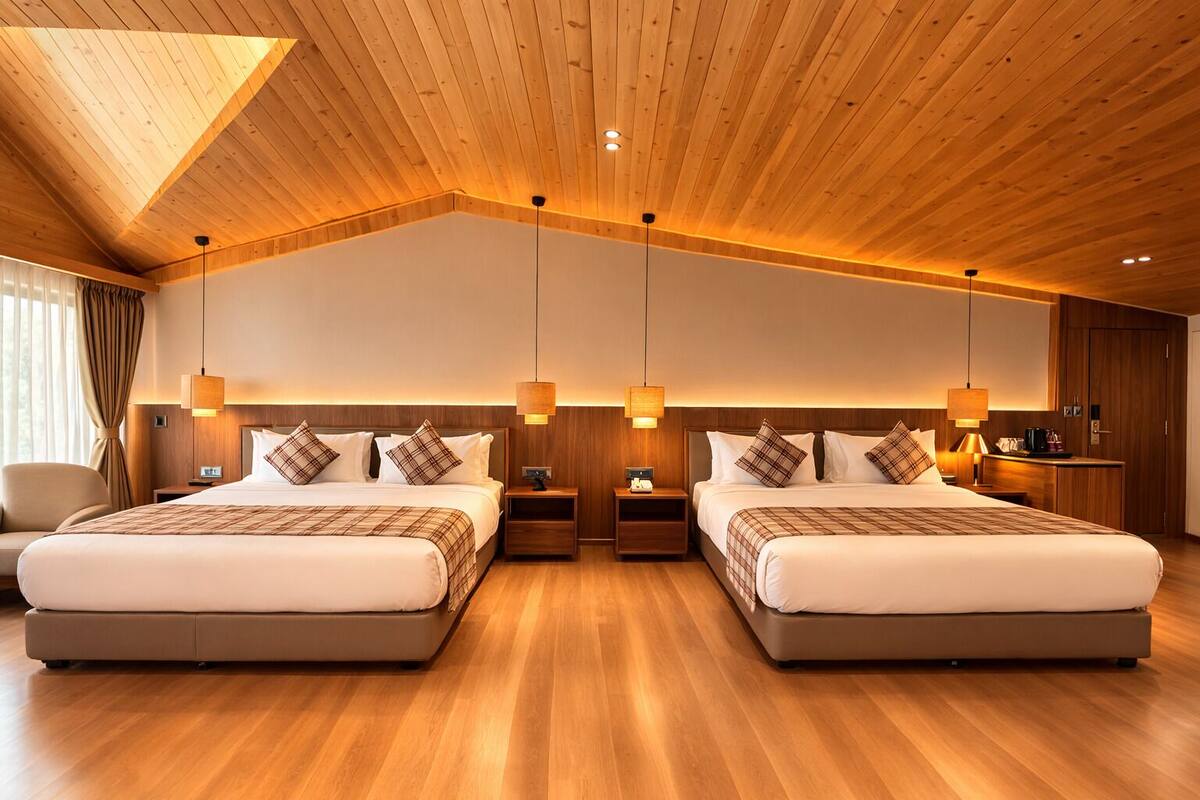 A hotel room with two beds, wooden flooring, and a sloped ceiling.