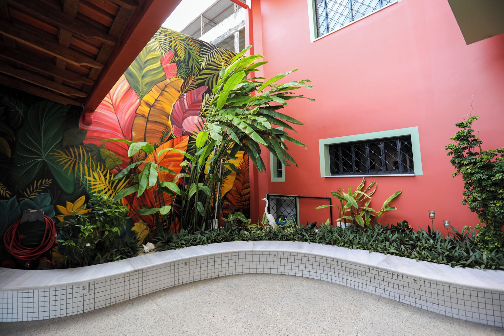 Um jardim interno vibrante com um caminho curvo de azulejos brancos, plantas tropicais exuberantes e uma parede vermelha com uma janela.