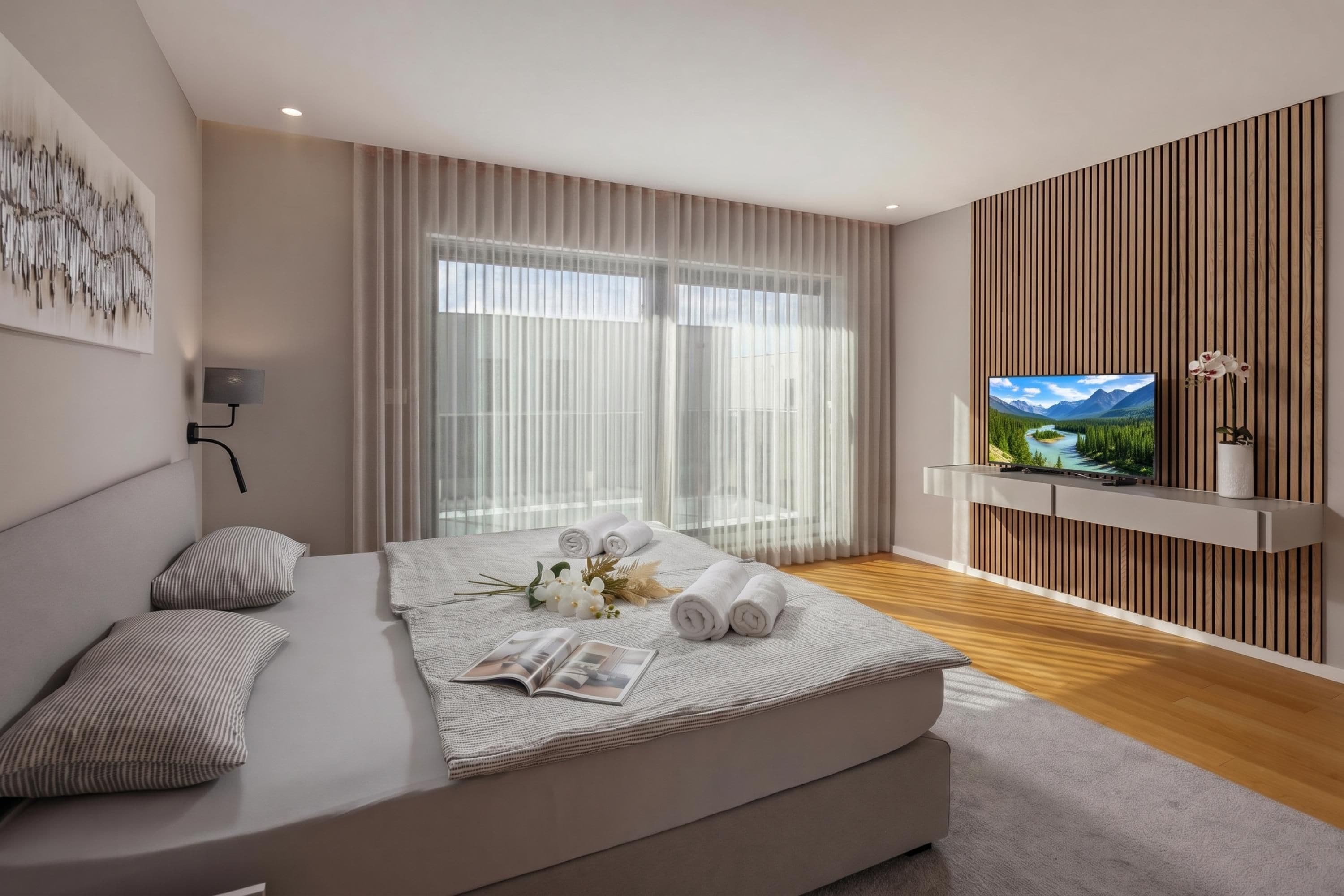 Un dormitorio moderno con cama, televisión y vistas a un paisaje montañoso.