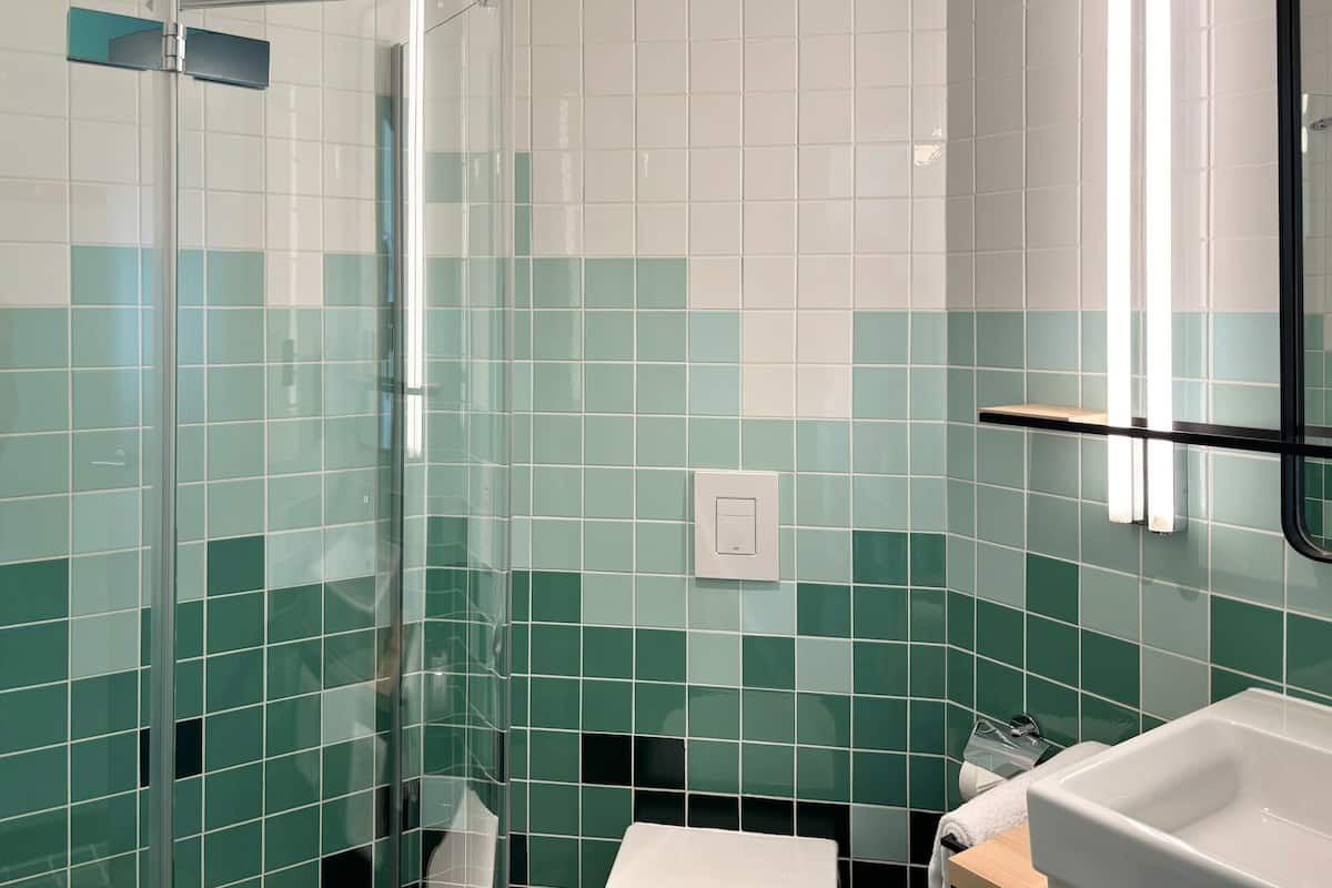 Shower, hair dryer, towels, shampoo