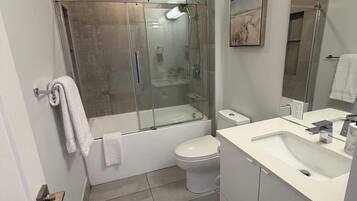 Shower, hair dryer, shampoo