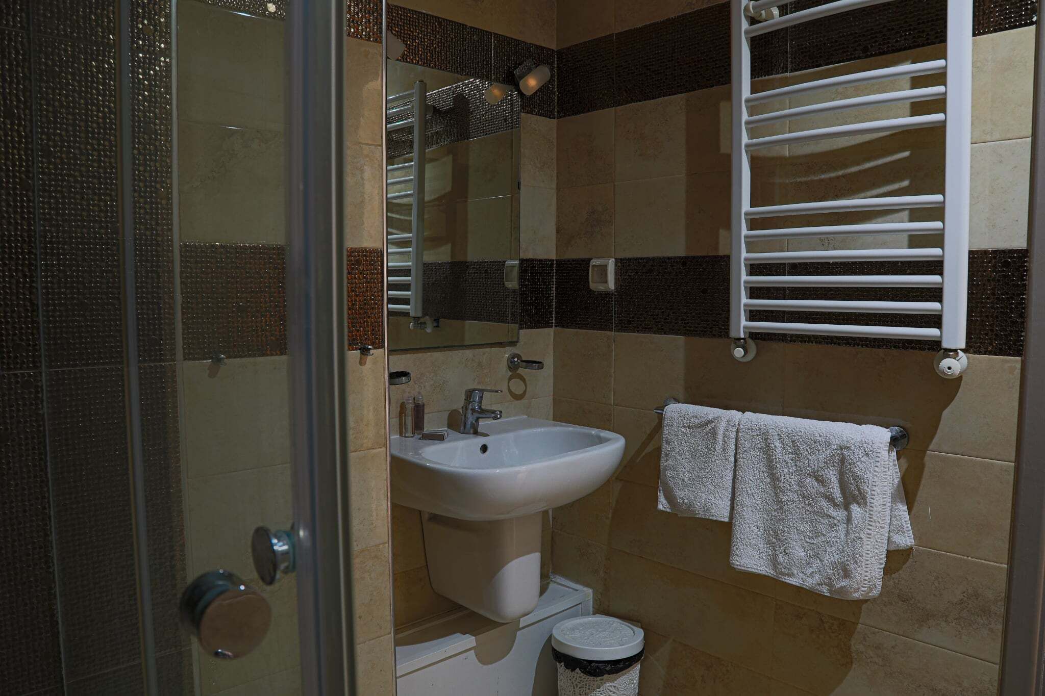 A bathroom with a glass shower enclosure, a white sink, and a towel rack.