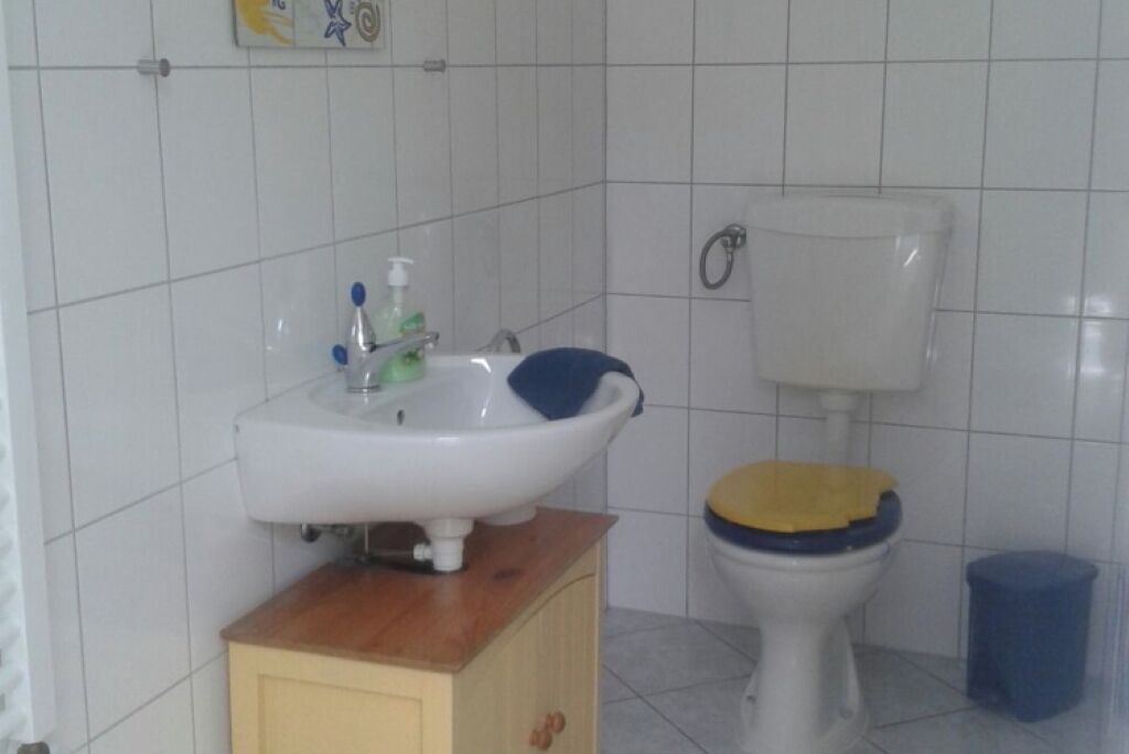 Un baño con un lavamanos blanco, un inodoro con asiento de madera y un cubo de basura azul.