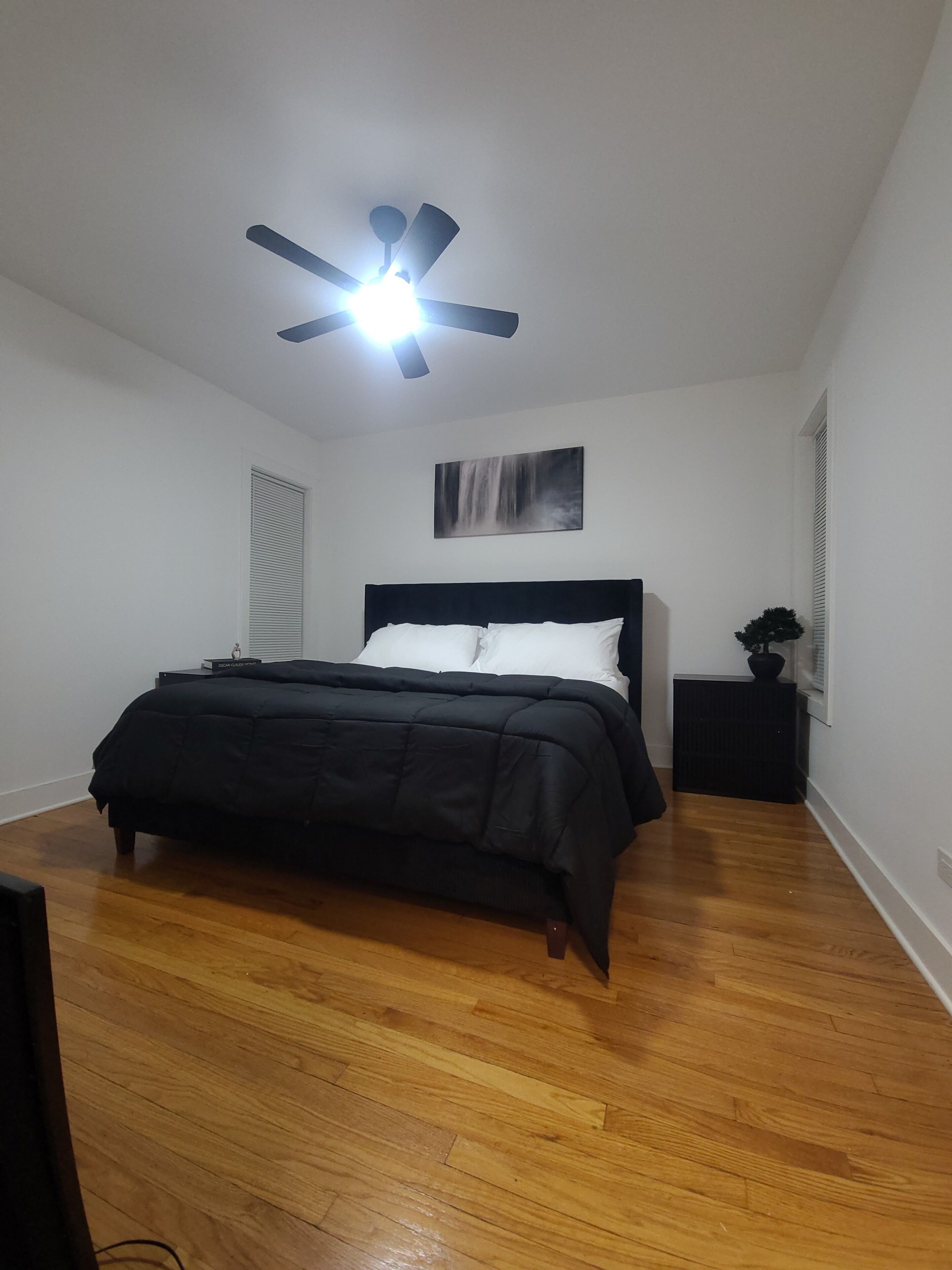 A bedroom with a bed, a ceiling fan, a nightstand, a window with blinds, and a wall-mounted painting.