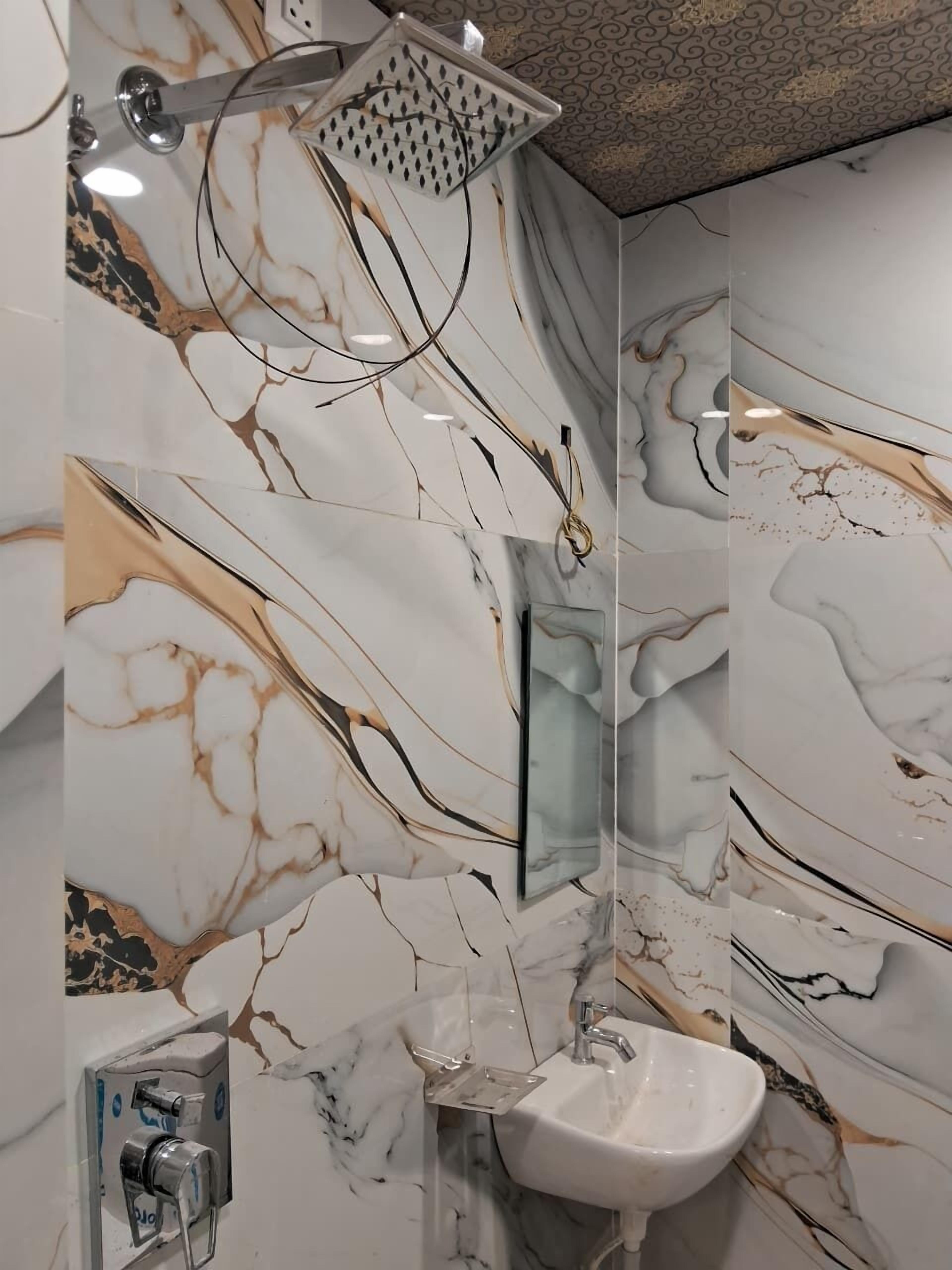 Shower, slippers, towels, soap