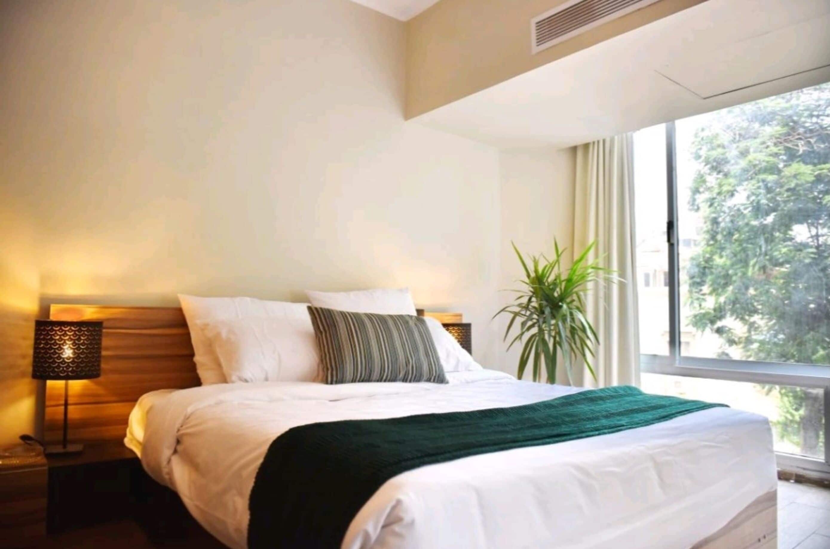 Un dormitorio con cama, lámparas de noche, una ventana y una planta.