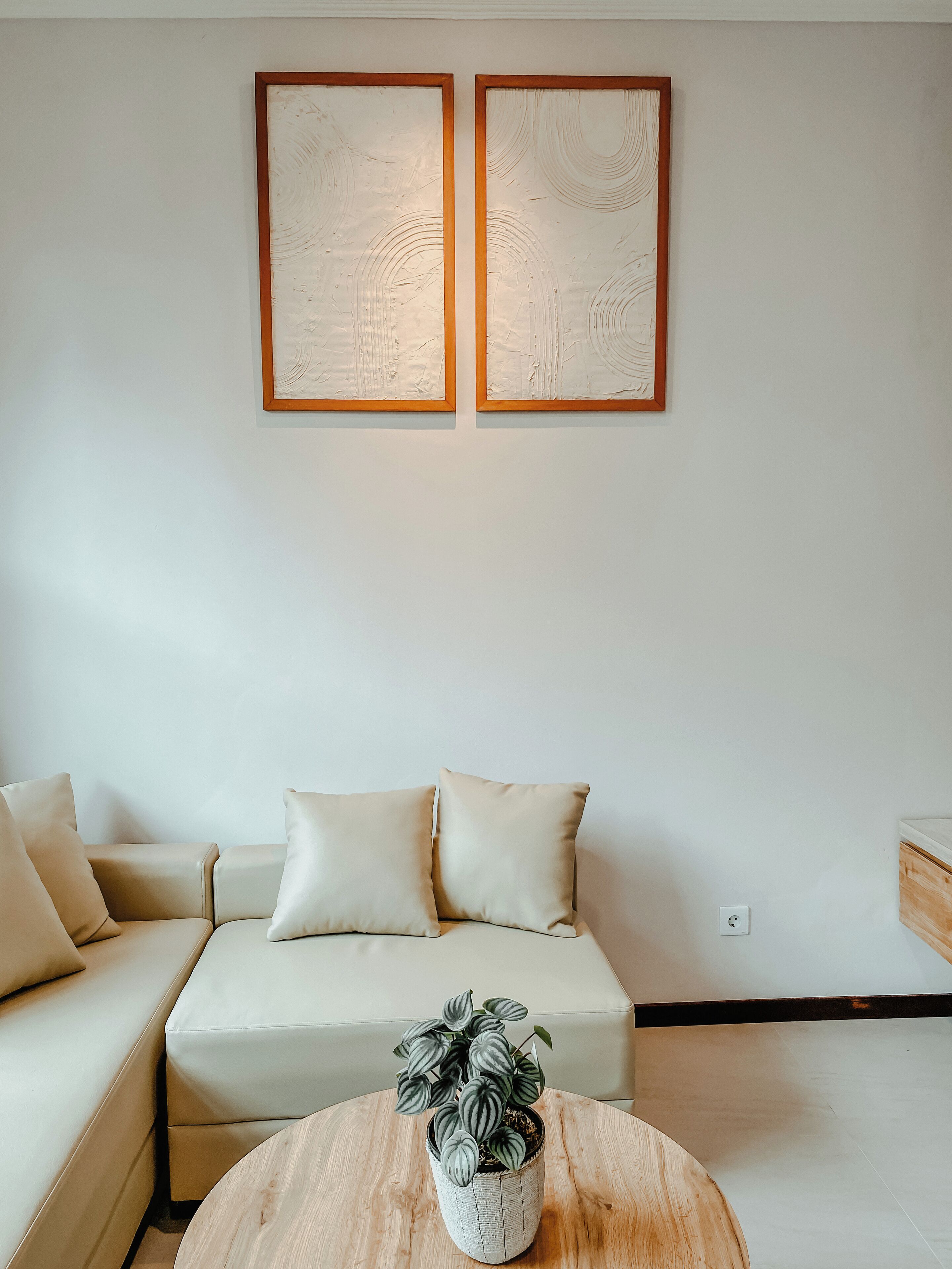 En stue med en beige sofa, to puder, et rundt træbord med en potteplante og to abstrakte malerier på væggen.