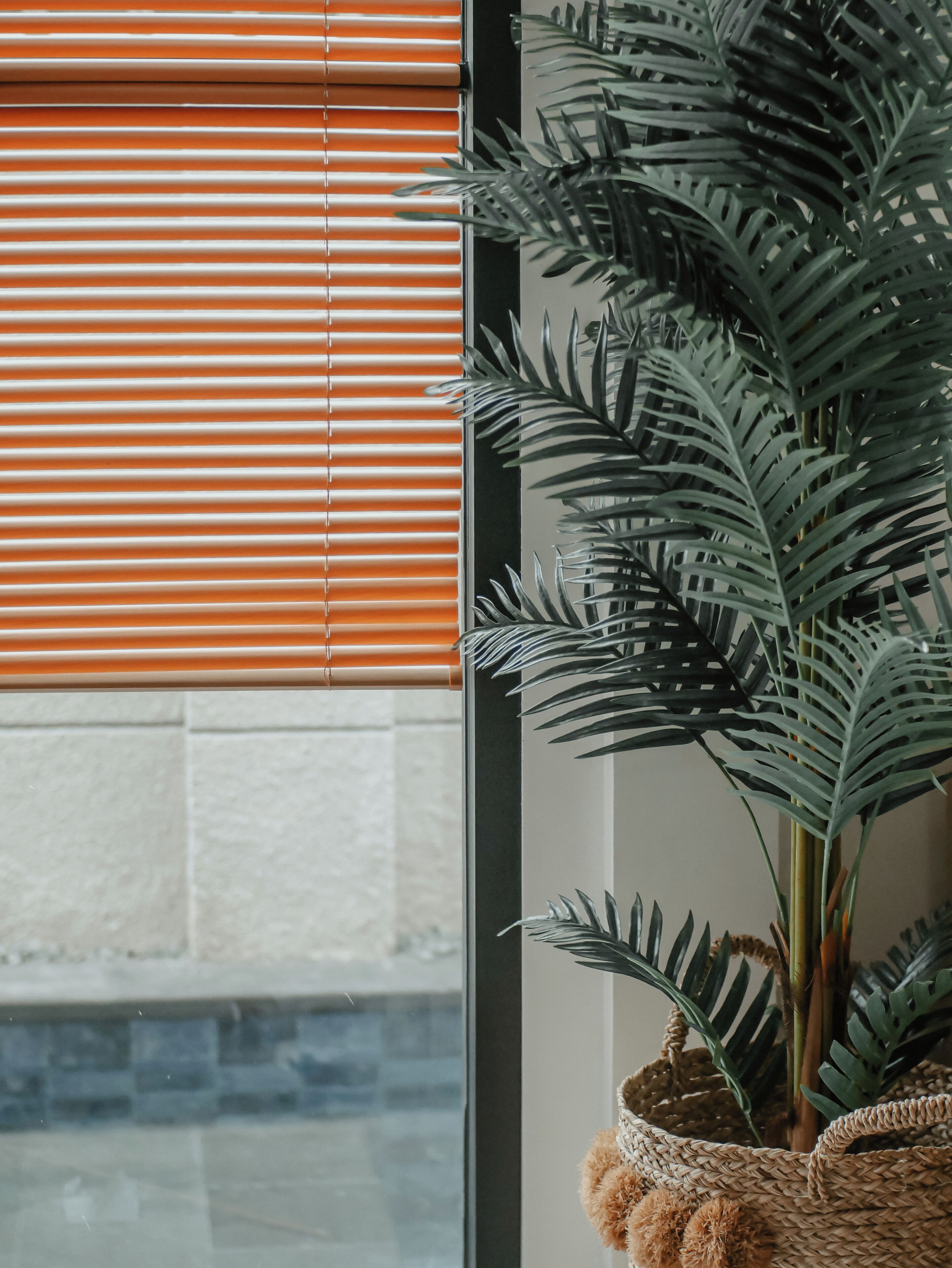 A window with horizontal blinds, a potted plant with broad leaves, and a woven basket with a handle.