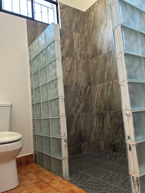 Regadera, toallas, papel de baño 