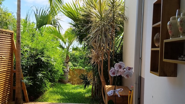 Une pièce avec une table recouverte d’une nappe blanche, une plante en pot et une vue sur un jardin luxuriant, avec des palmiers et une clôture en bambou.