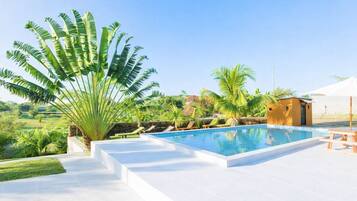 A swimming pool with a clear blue water, surrounded by white tiles, palm trees, and a small building.