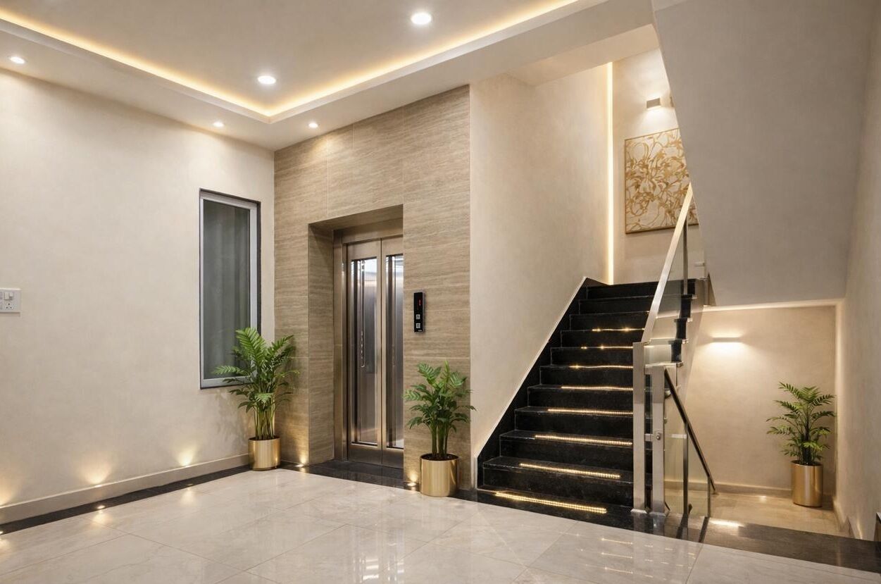 A modern interior with a staircase, elevator, and potted plants.