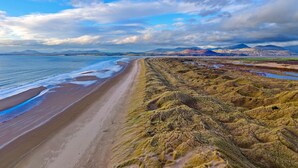 Eine Küstenlandschaft mit Sandstrand und Graslandschaft.