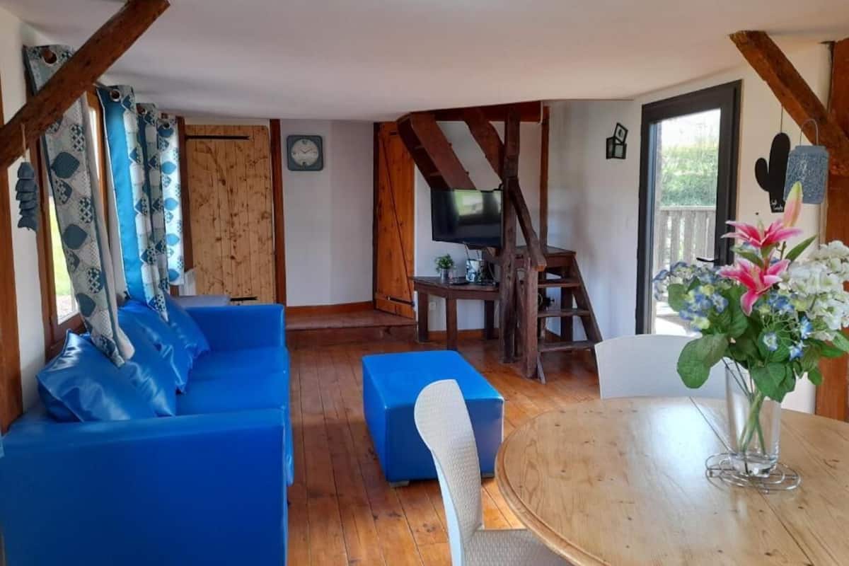 A cozy living room with a blue sofa, a wooden dining table, and a TV in the background.