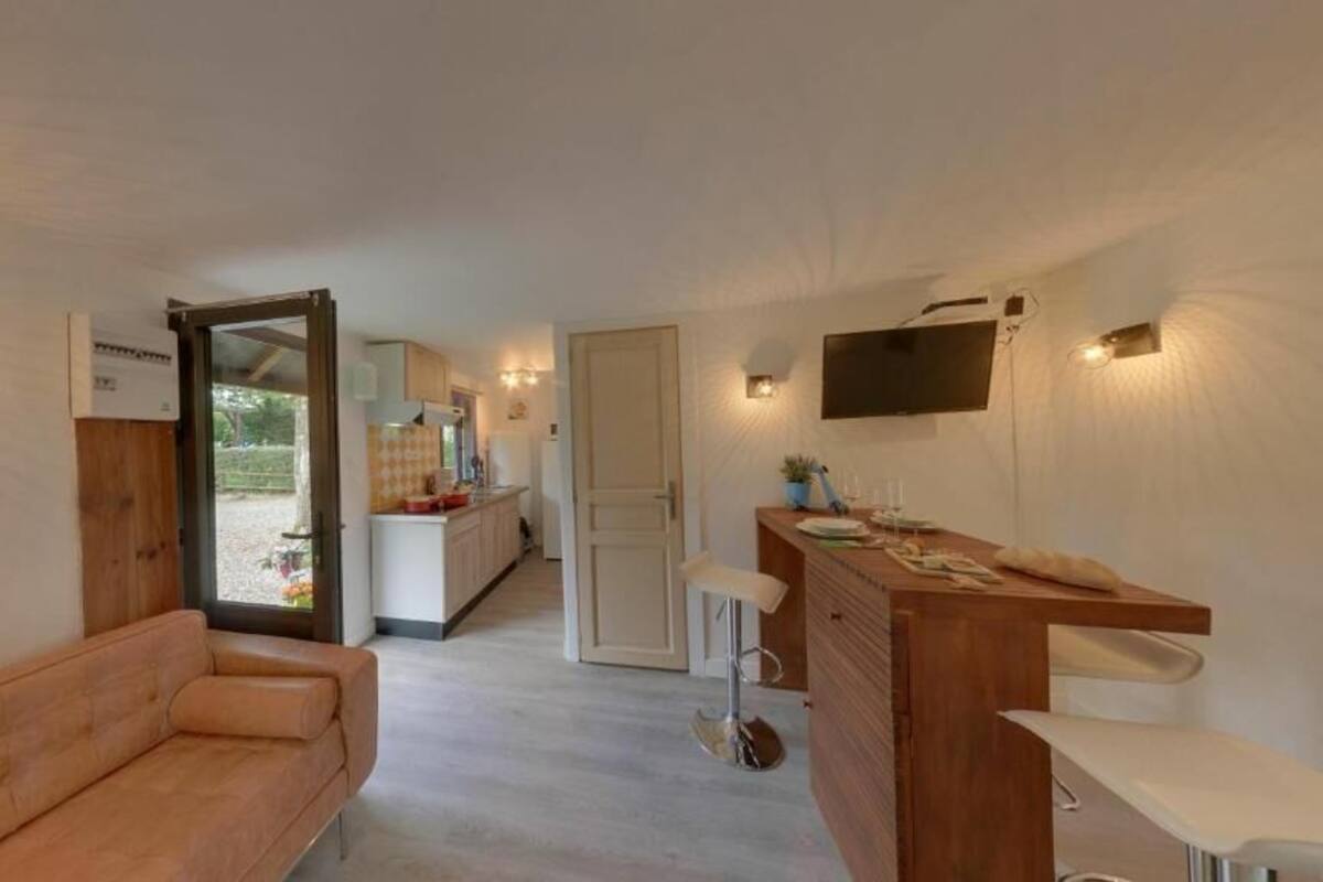 A compact living space with a sofa, a wooden bar area, a kitchen, and a TV mounted on the wall.