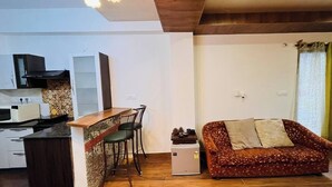Un espacio habitable compacto con kitchenette, una zona de comedor con barra y un sofá.