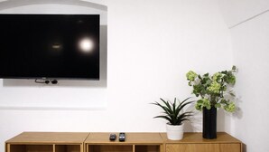 A modern living room with a flat-screen TV mounted on a white wall, a wooden entertainment unit below, and two potted plants on the unit. - Dengg down town studios Apartment (Innsbruck)
