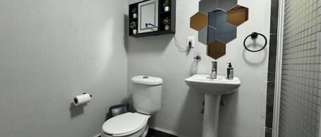 A modern bathroom with a toilet, sink, and mirror.