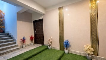 A hallway with artificial grass, a brown door, and potted plants with red, blue, and white flowers.