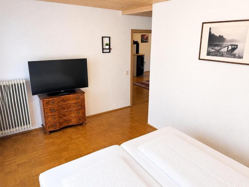 A room with a bed, a dresser, a television, and a framed picture on the wall.