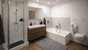 Apartamento familiar, vistas a la ciudad | Baño | Secador de pelo, toallas, jabón y champú