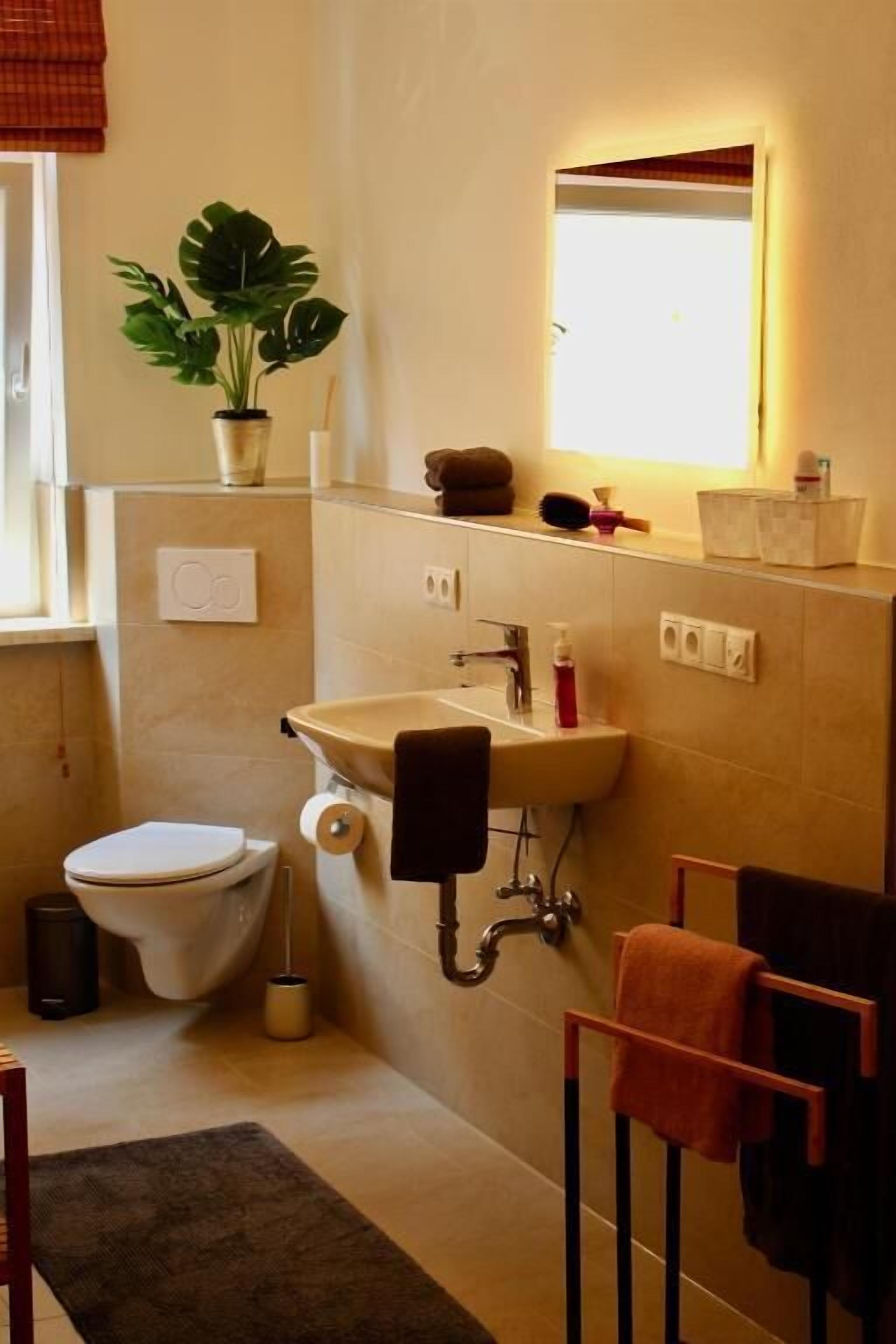 Une salle de bain avec des toilettes, un lavabo et un miroir. Il y a une plante accrochée au mur et un porte-serviettes avec des serviettes.