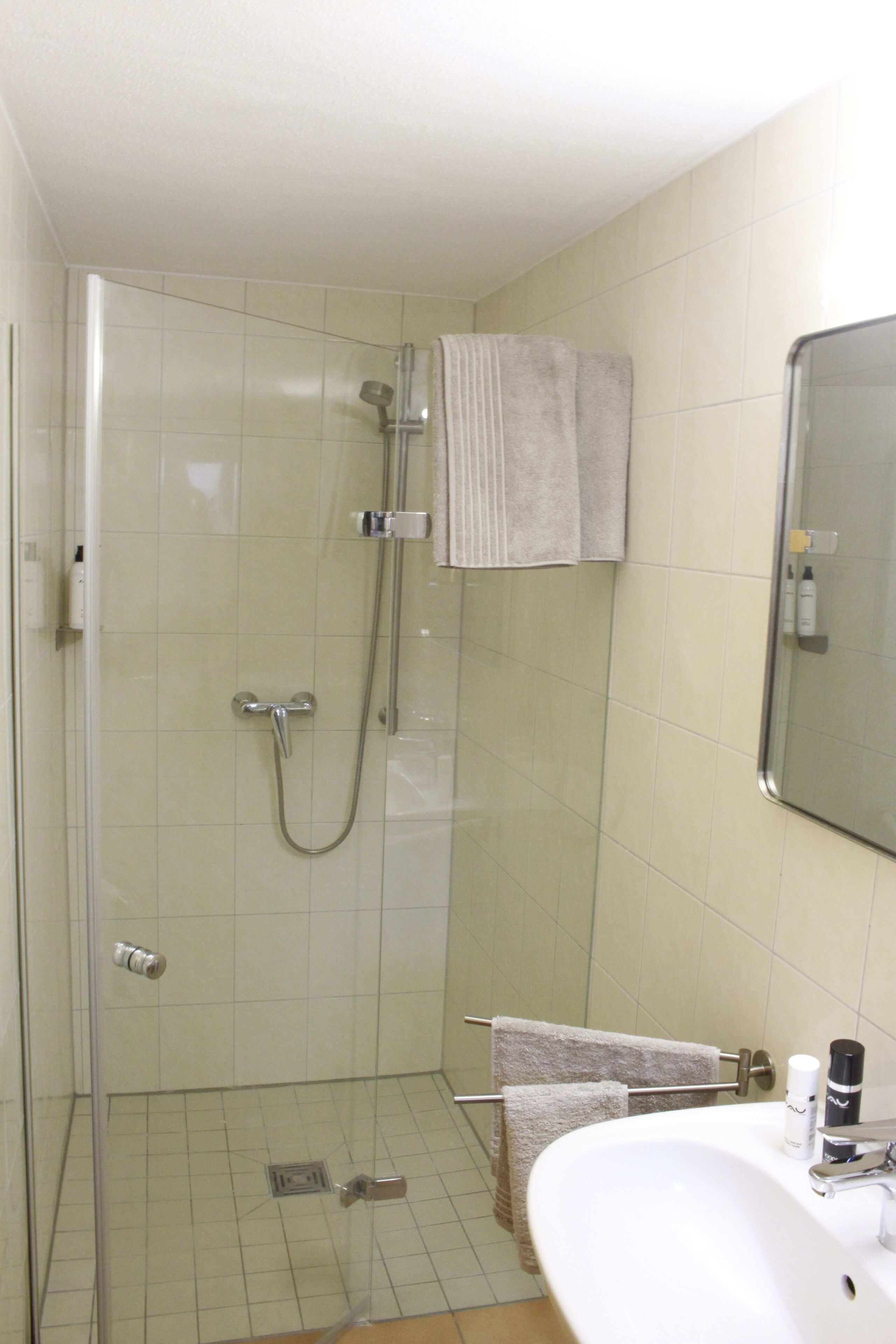 Une salle de bain avec une douche à parois de verre, un lavabo et un miroir.