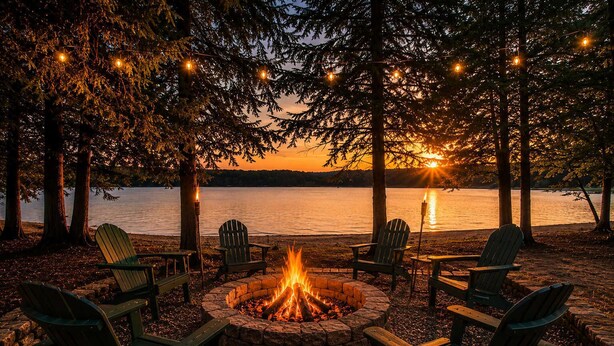 Un cadre idyllique au bord du lac, avec un foyer entouré de fauteuils Adirondack, des guirlandes lumineuses et une vue imprenable sur le coucher de soleil.