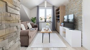 Ein modernes Wohnzimmer mit einer Wand aus Stein, einem braunen Sofa, einem Couchtisch aus Holz und einem Fernseher auf einem weißen Schrank.