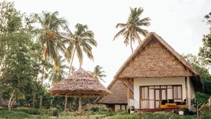 Ein Reetdachbungalow mit einer Holzterrasse und einer Bank, umgeben von üppiger Vegetation und Palmen.
