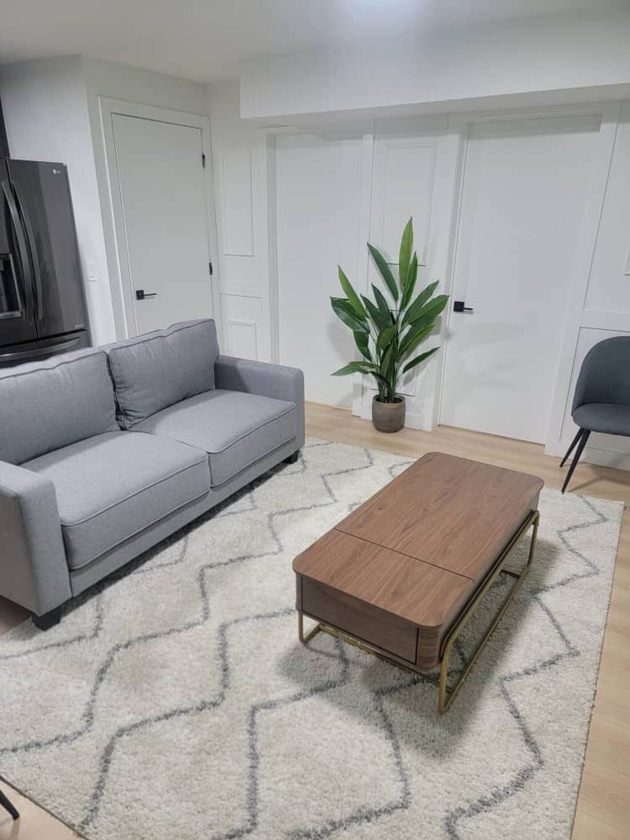 A living room with a grey sofa, a wooden coffee table, and a potted plant.