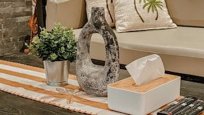 Un soggiorno con parete in pietra, un divano, due cuscini decorativi, una scultura in legno, una pianta in vaso, un vaso, una scatola di fazzoletti e telecomandi.