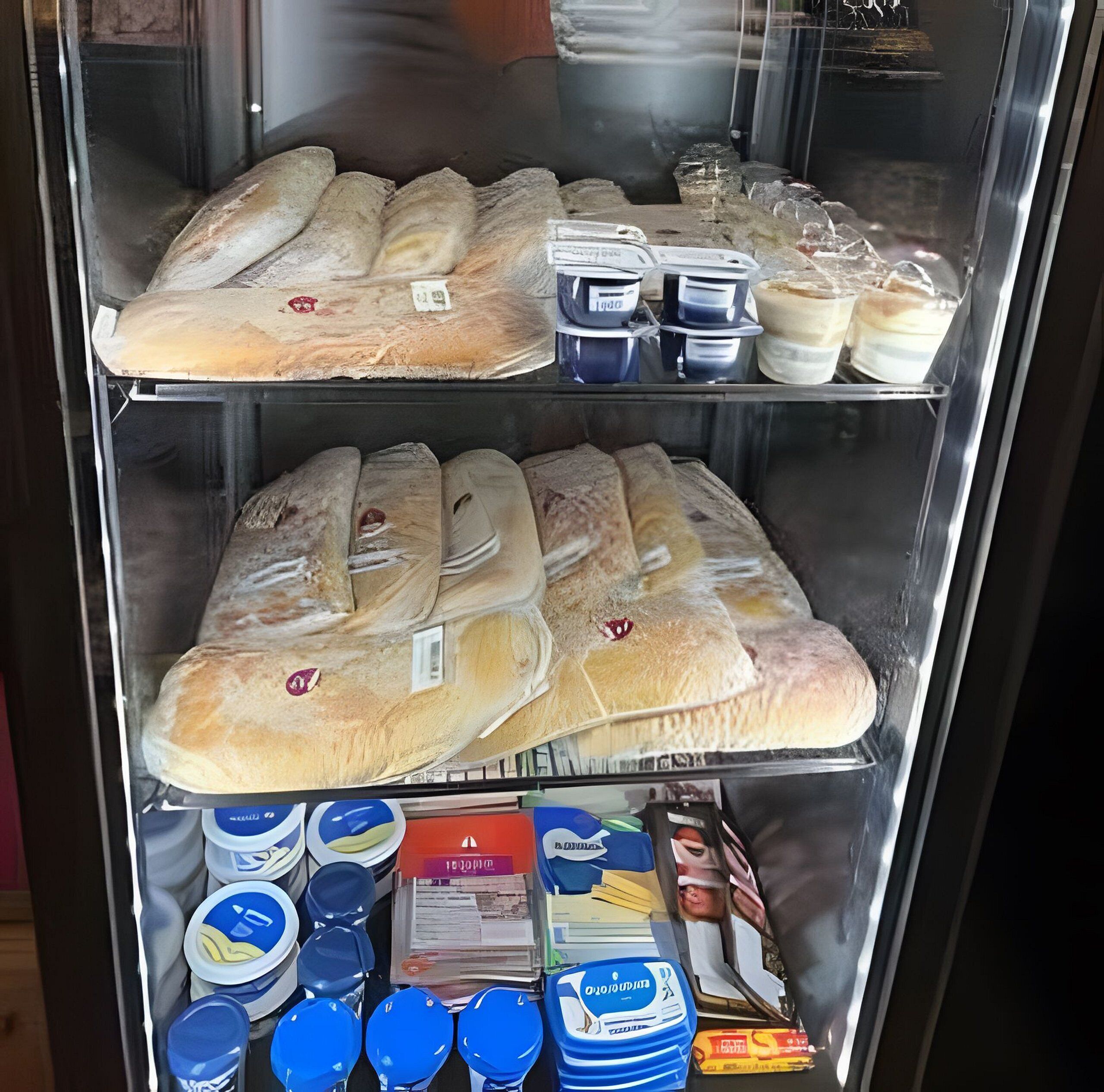 Een koelvitrine met verschillende etenswaren, waaronder brood en zuivere melkproducten.