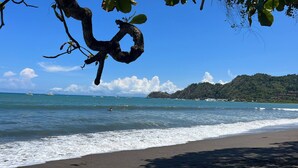 A beach with clear blue water, boats, and a tree branch in the foreground. - Villa a Block Away to the Beach (Jacó)