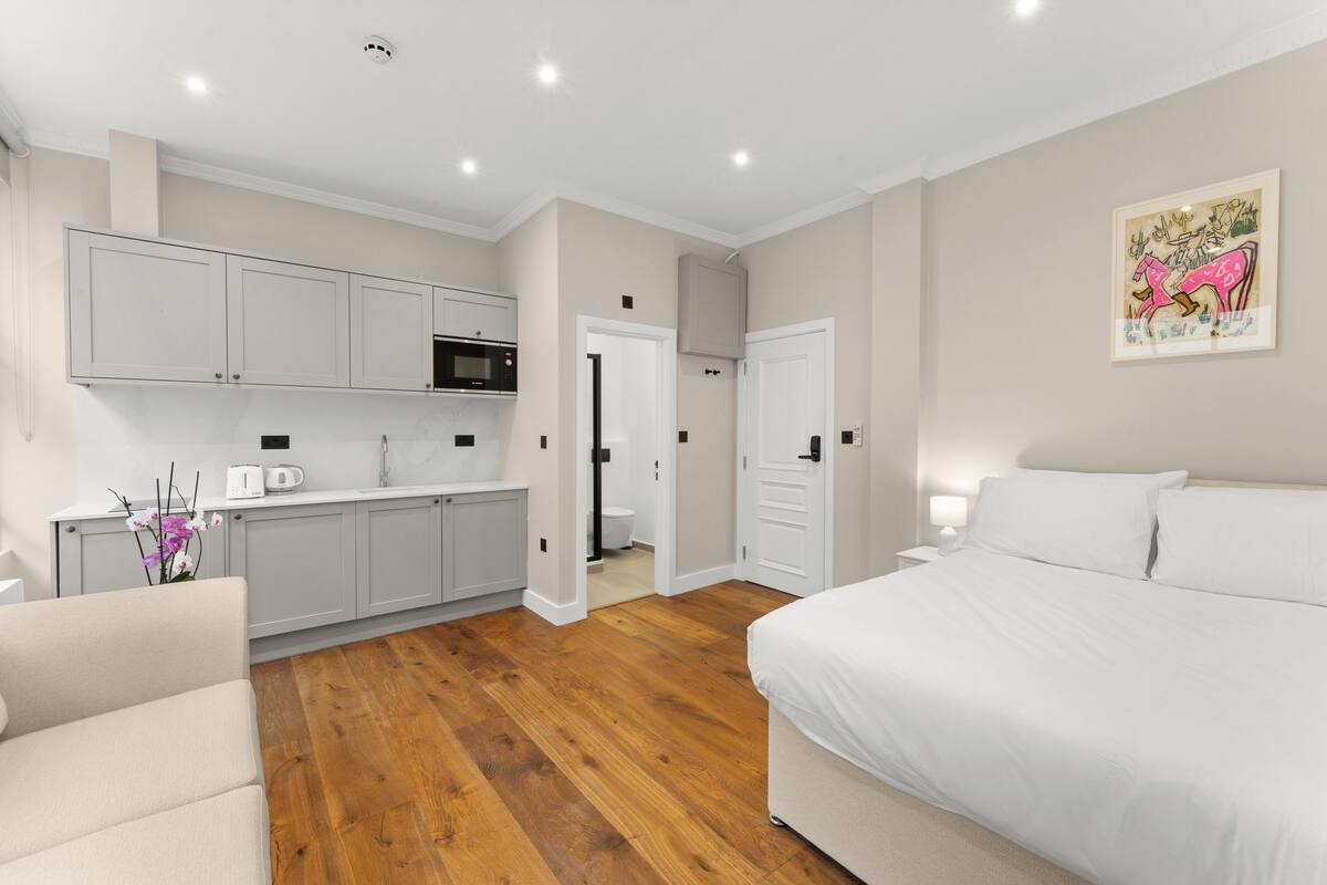 A modern bedroom with a large bed, a separate bathroom, and a kitchenette.