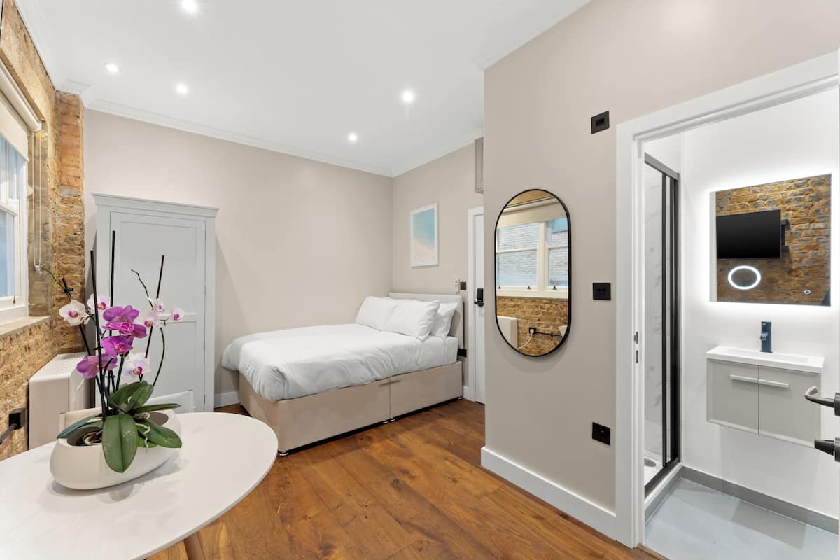 A bedroom with a bed, a bathroom with a mirror and sink, and a potted plant.