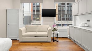 A compact room with a sofa, a flat-screen TV, a small table with a potted plant, and a kitchenette area. - Grove Heights Shoreditch  (London)
